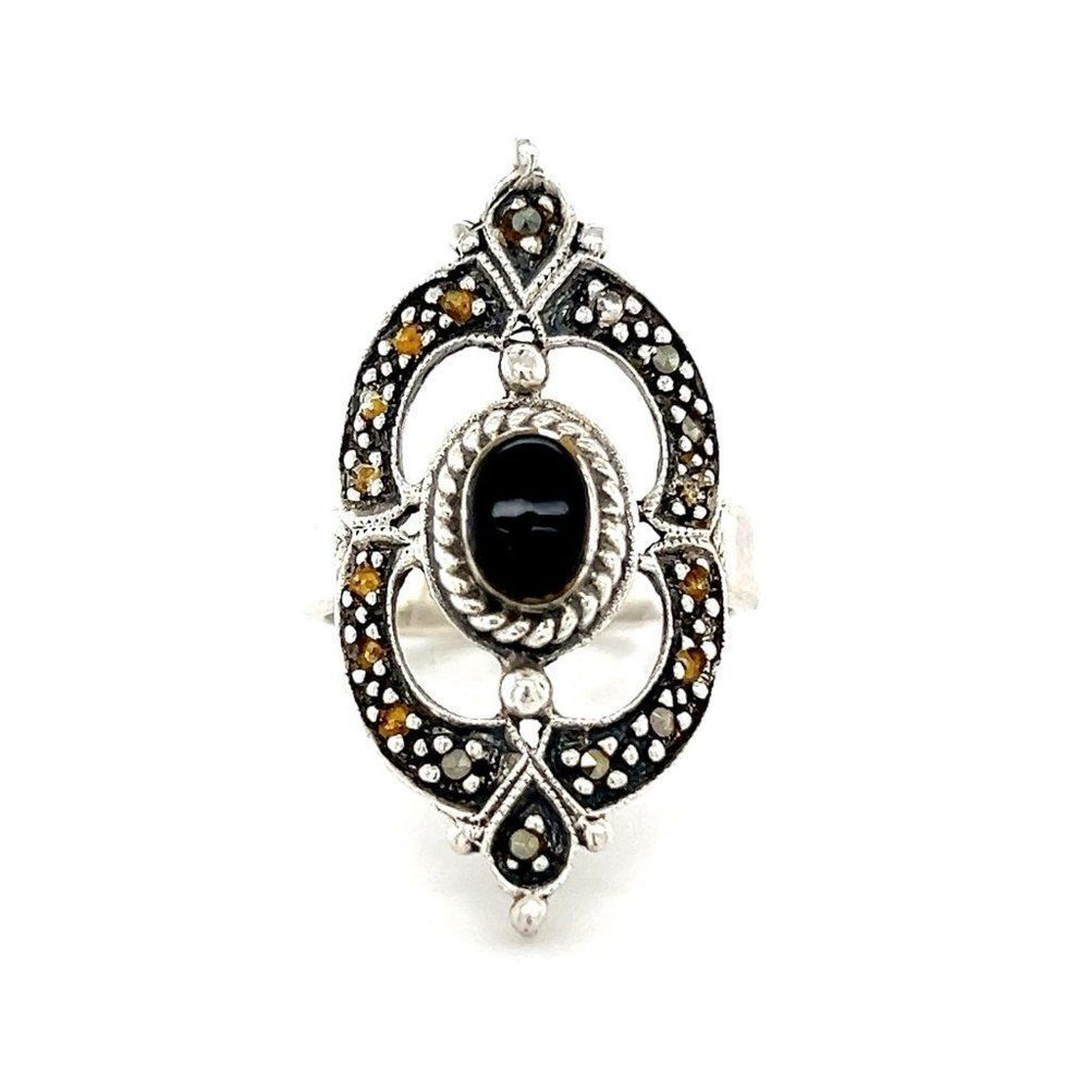 Sterling Silver 925‎ Pointed Shaped Marcasites/Onyx Ring